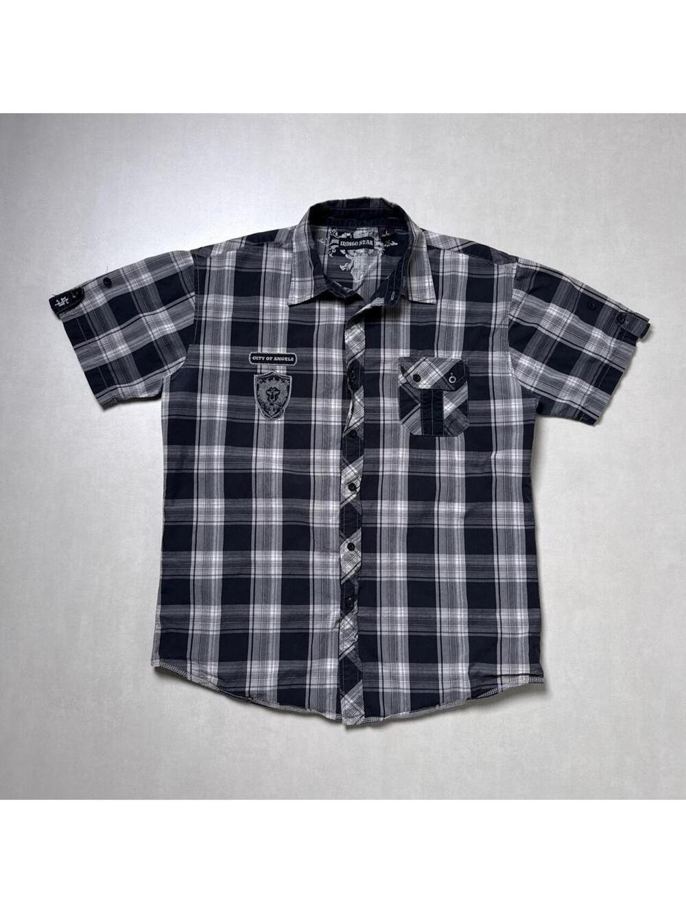 Y2K Indigo Star 00s Vintage Button Up Black Plaid Shirt